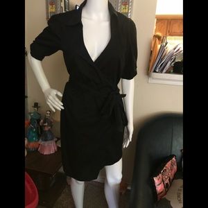 Collared low cut Black wrap dress